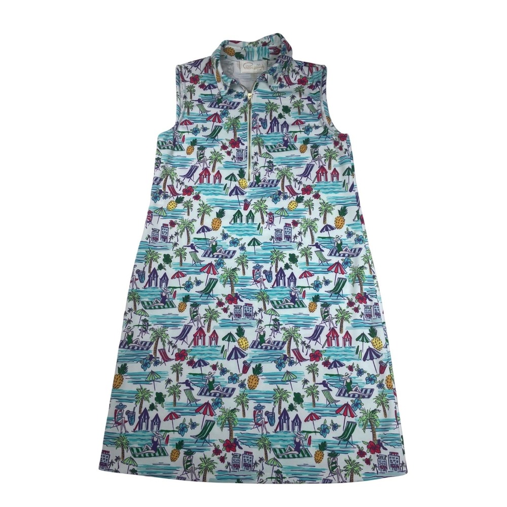 NWT Cappagallo Shift Dress Womens Medium White Multi Tropical Beach Zip Neck - Picture 2 of 12